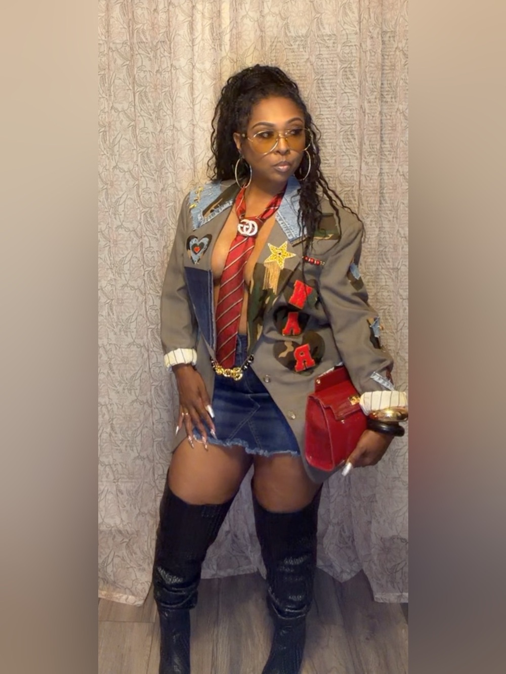Upcycled Dior Patchwork Brown Blazer with Camouflage & Denim Accents - Picture 3 of 12